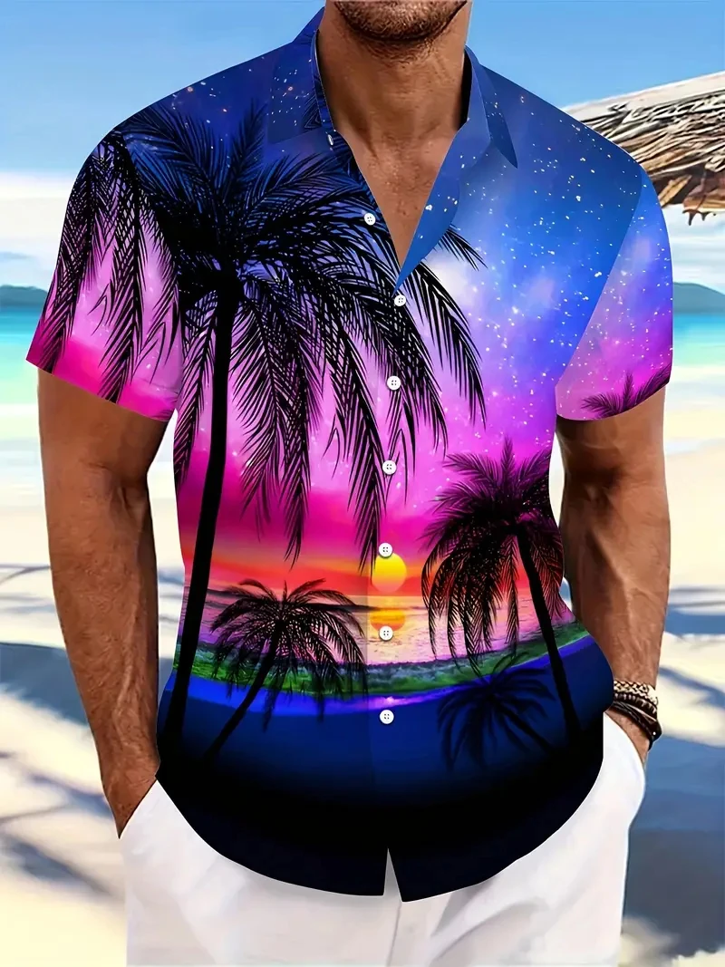 Beach Men's Lapel Shirt Summer Short Sleeve Outdoor Everyday Shirt Tops Landscape Printed Pattern  OverSize Loose Men Clothing