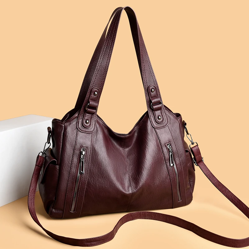 Damen Vintage PU-Leder Handtasche mit mehreren Reißverschlusstaschen, modische Schulter- und Umhängetasche für Arbeit, Alltag und Reisen – Detail 2
