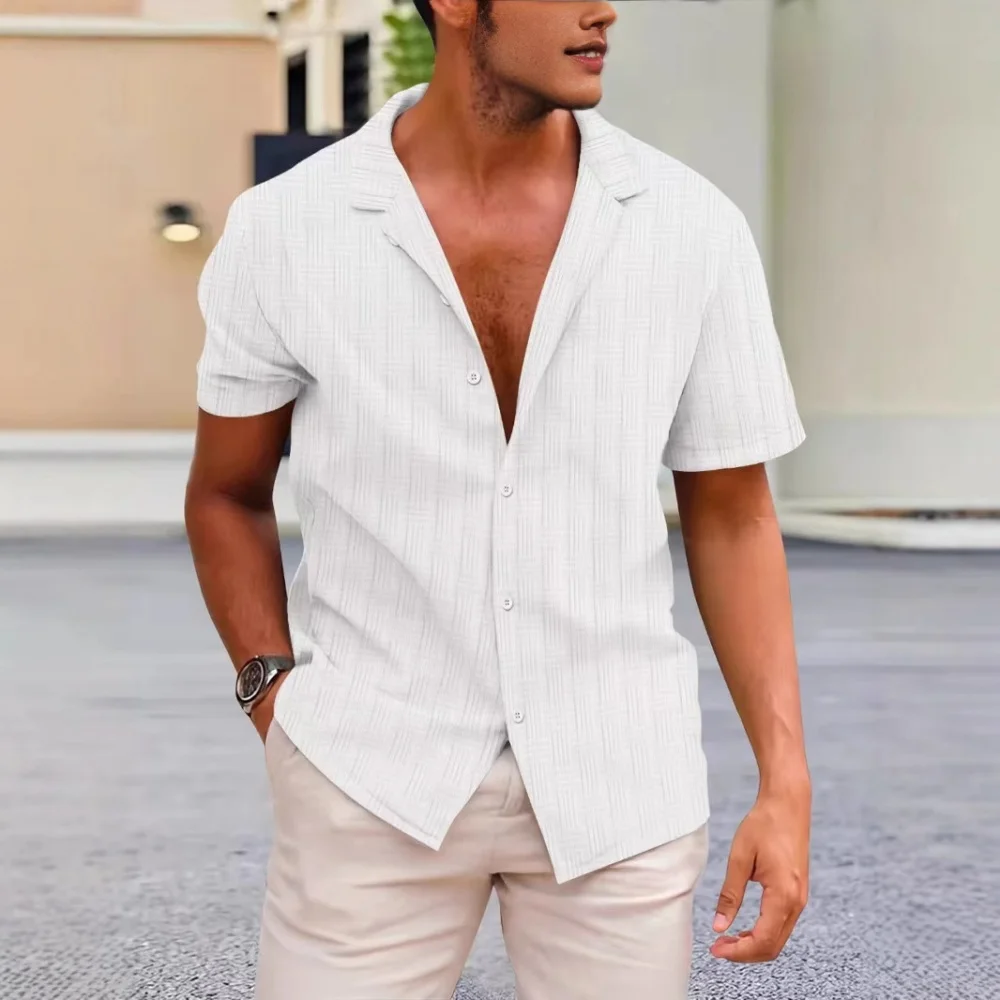 

Summer new men's casual short sleeve shirt fashion trend with a solid color lapel jacquard short sleeve sports button shirt top