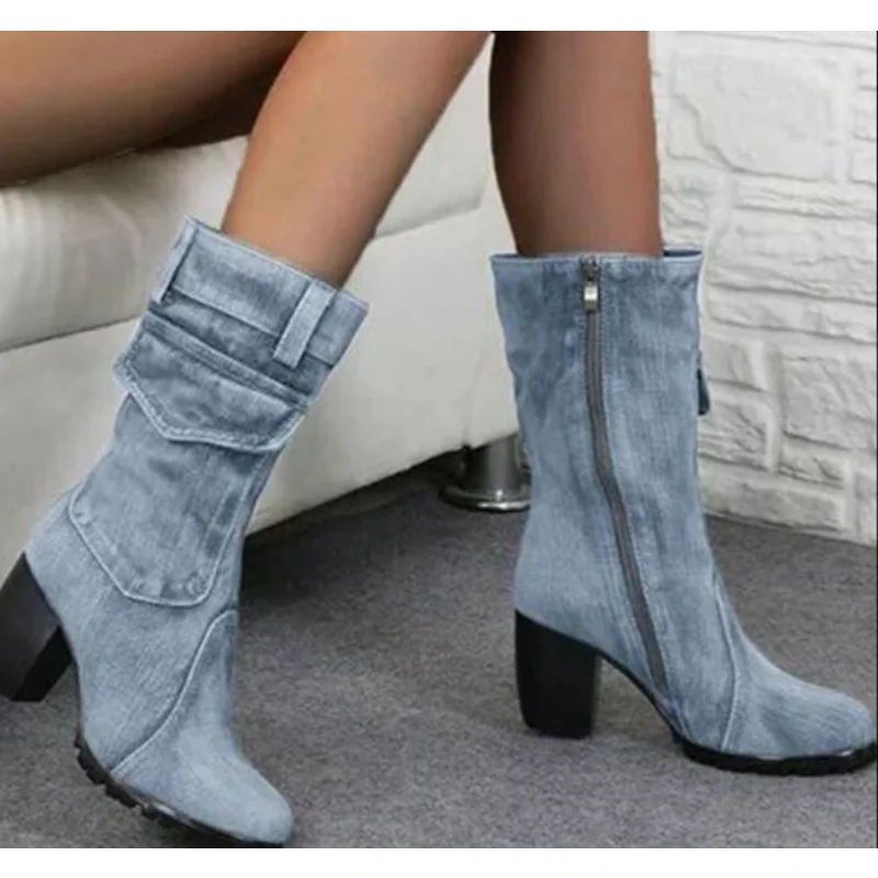 2022 new Spring autumn Denim boots for Women Mid-rise Solid color Large Size Shoes woman Slip-On Chunky Med Heels Mid-calf Boots