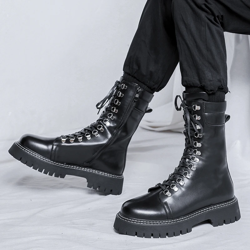 men\'s fashion high top motorcycle boots stage nightclub dress black original leather shoes platform long boot knight botas mans