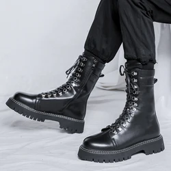 men's fashion high top motorcycle boots stage nightclub dress black original leather shoes platform long boot knight botas mans