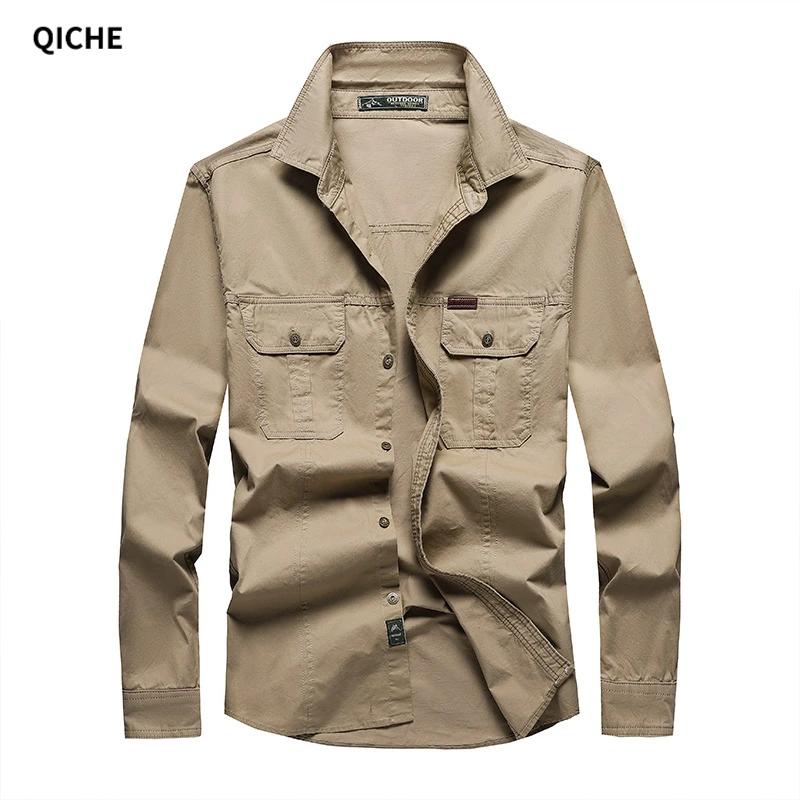 QICHE Men Solid Cotton Long Sleeve Work Shirt Loose Thin Plus Size Casual Blouse For Middle Aged Spring Autumn