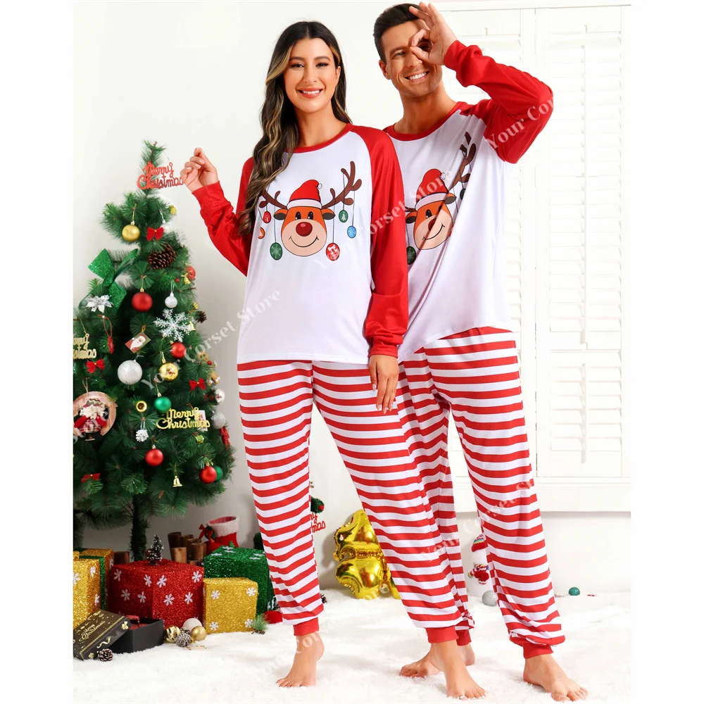 Pyjamas for Couples Christmas Sleepwear Long Sleeve Family Xmas Clothes Nightwear for Men And Women Red Plaid Pajama Pants XXl