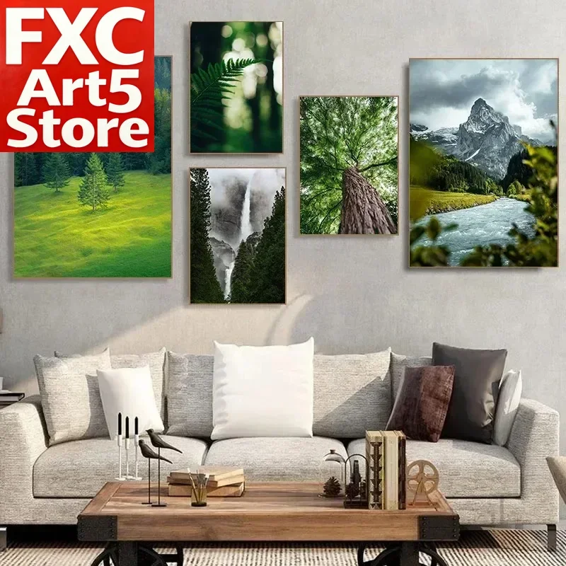 1PC Frameless Art Poster Print Wall Decoration Green Pine Forest Waterfall Misty Mountains High Quality Photography Poster Home