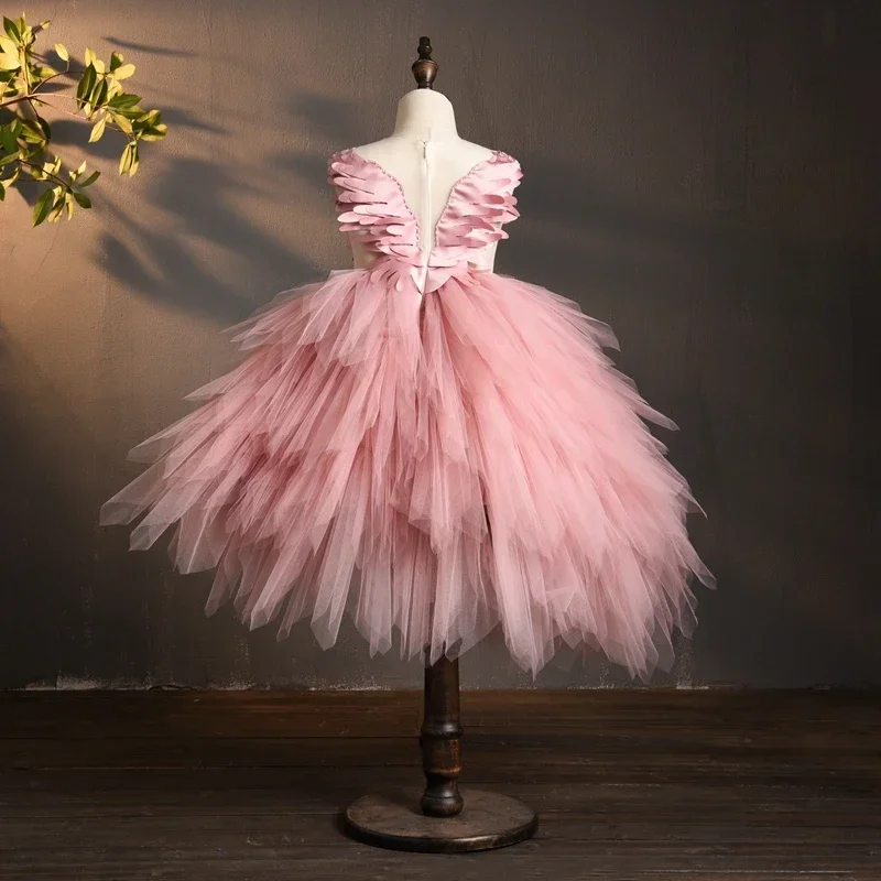 

Wedding Kids Pageant Evening Gown Birthday Party Feather Lace Princess Dresses Elegant Swan Crystal Tulle Flower Girl Dress