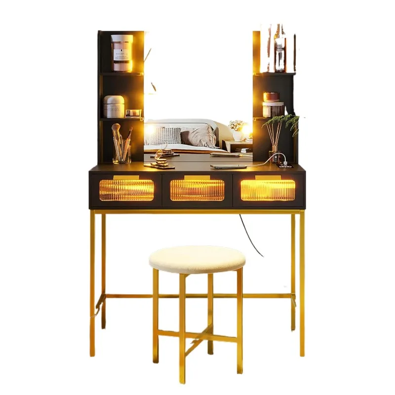 Small vanity charging station Mirror 10 light bulbs LED vanity 3 drawers/stool vanity table