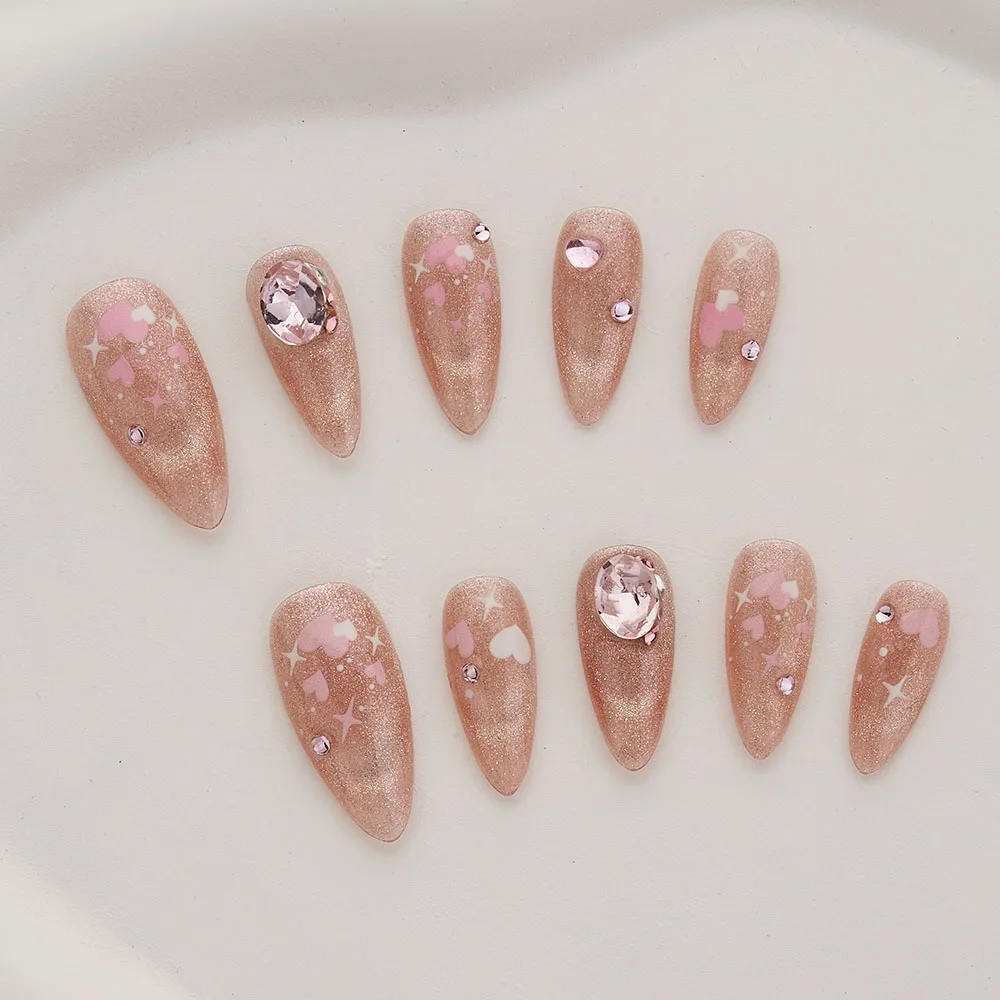 

10pcs Handmade Press on Nails Pink Blooming Heart Diamond Long Almond Full Coverage Nail for Women&Girl Removable Wearable Nail