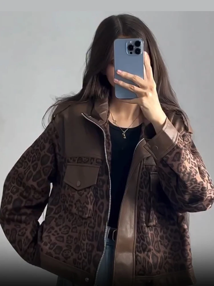 Schicke Jacken mit Leopardenmuster und Kunstfell-Einsätzen für Damen, Reverskragen, Reißverschluss, lange Ärmel, elastische Taille, Herbst-Alltags-Streetwear 2026 – Detail 5