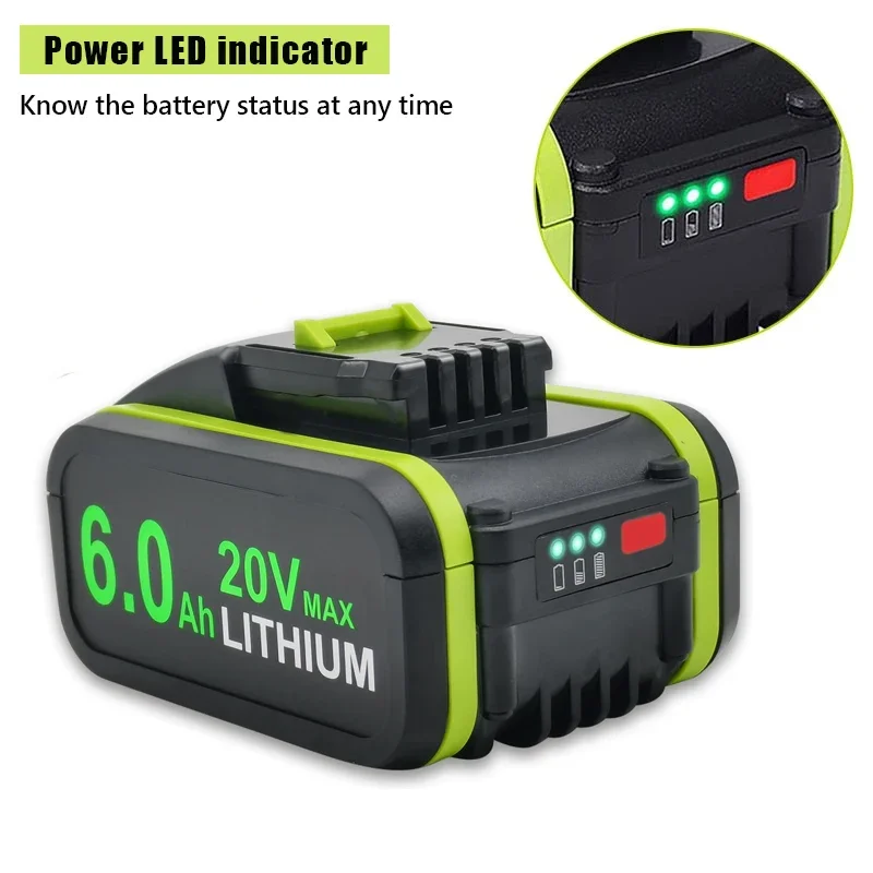 

20V 6000mAh WA3551 Lithium Rechargeable Replacement Battery For Worx WA3553 WX390 WX176 WX178 WX386 Power Tools
