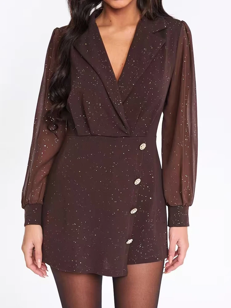 Fashion Lapel V-neck Button Party Romper Casual Shiny Hight Waist Draped Solid Playsuits Elegant Mesh Splicing Short Jumpsuits