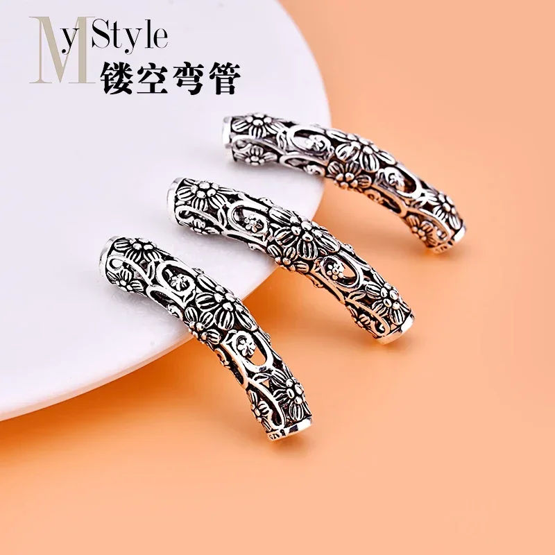 

925 Sterling Silver Thai silver retro pipe fittings pattern hollow elbow hand DIY Beaded Bracelet accessories