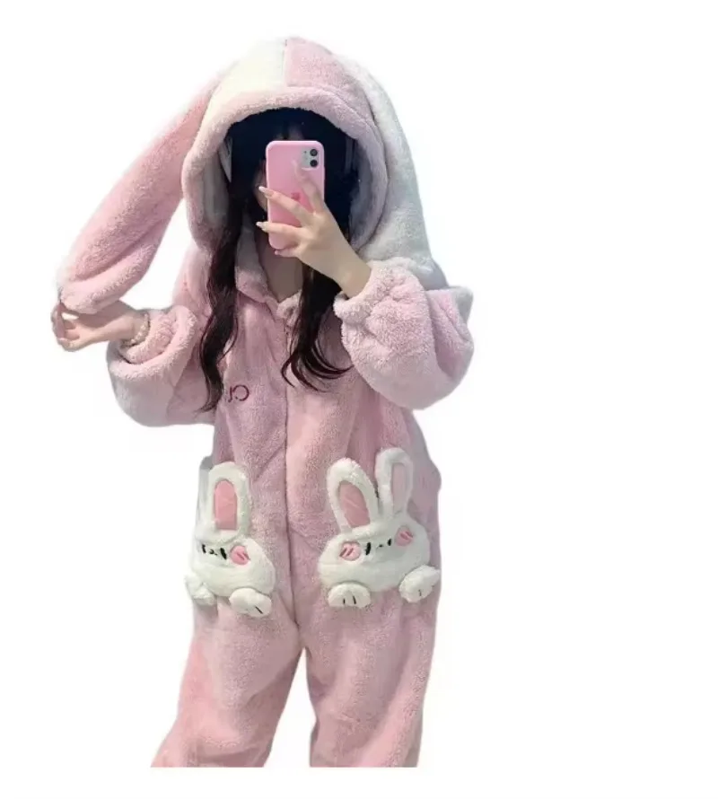 Neue Stil Korallen Samt Onesies Frauen Nette Pijamas Kaninchen Kigurumi Preppy Cartoon Mit Kapuze Kawaii Dicker Baumwolle Pyjamas Homewear