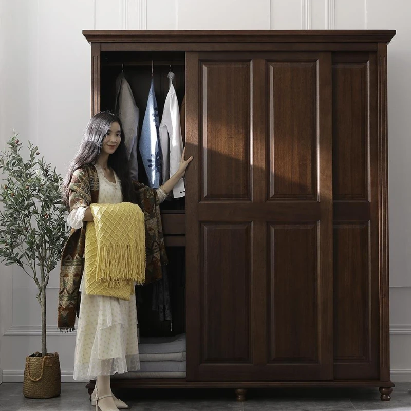 Small American rural all-solid wood sliding door wardrobe, simple American style retro double door wardrobe sliding door