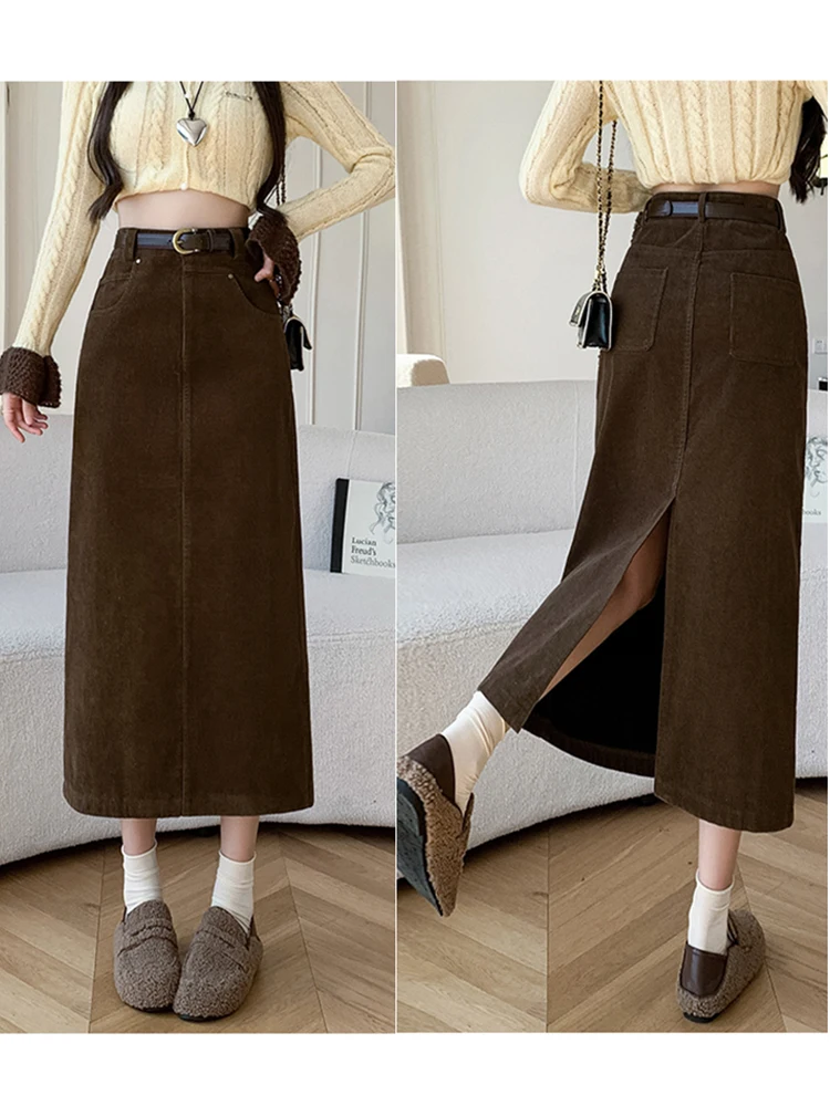 Winter Corduroy Women\'s Long Skirt Woman Vintage High Waist Wrap Cargo Bodycon Skirts With Belt A-line Black Brown Faldas Largas