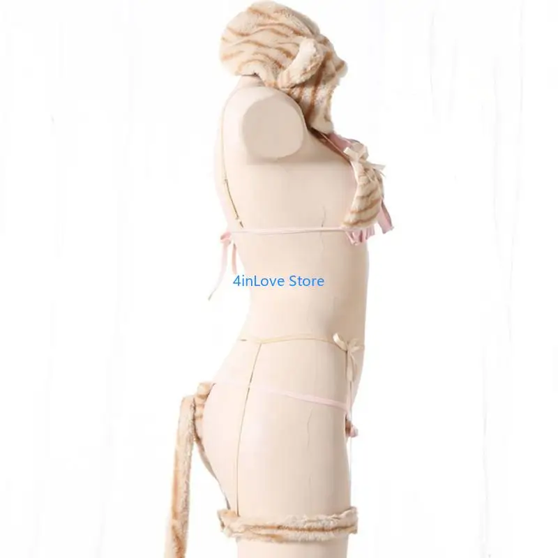 T4MD Ropa interior felpa dibujos animados, conjunto lencería Anime para mujer, disfraz oso, conjunto sujetador