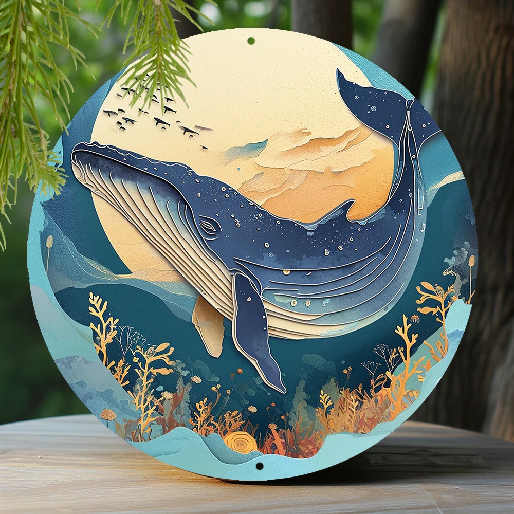 1pc 8x8 Inch (20cm X 20cm) Vibrant Blue Whale Themed Circular Wreath Metal Sign - Spring Aluminum Faux Cutout