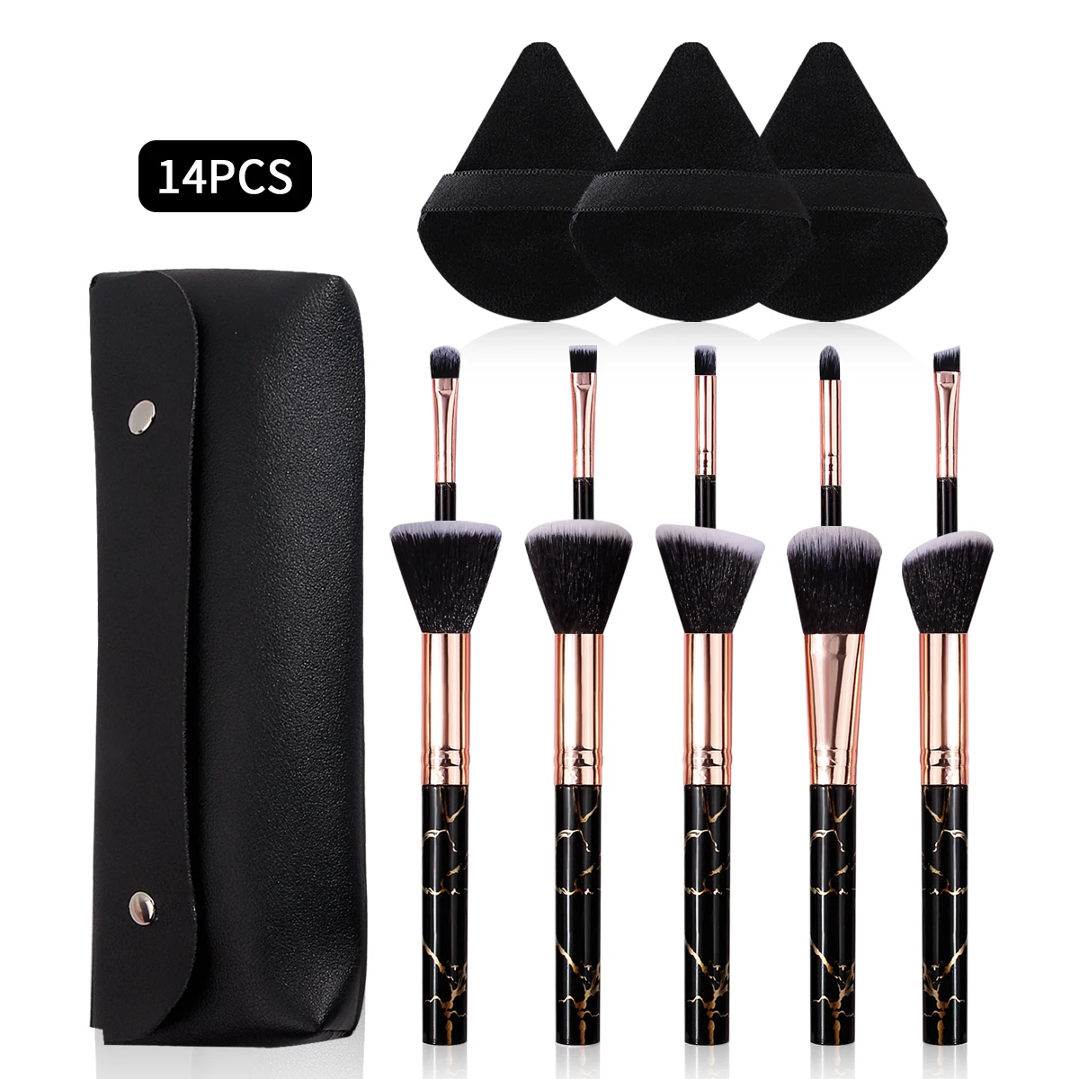 14PCS Black marble-patterned multi-functional makeup brush set + soft triangular powder puff & portable storage bag