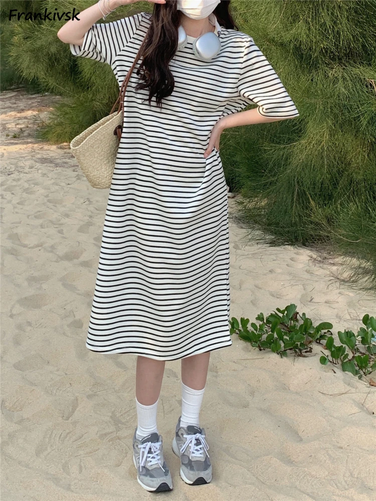 

Dresses for Women Y2k High Street Fashion Temperament All-match Half Sleeve Hipster Sweet Casual Holiday Striped Mid-calf Summer