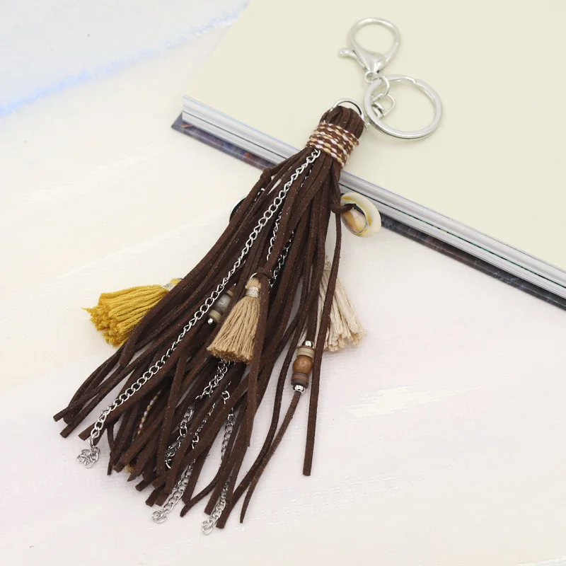 Boho Handmade Keychain for Women Bag Pendant Jewelry Multilayer Velvet Strap Tassel Shell Key Chain Car Hangging Accessories