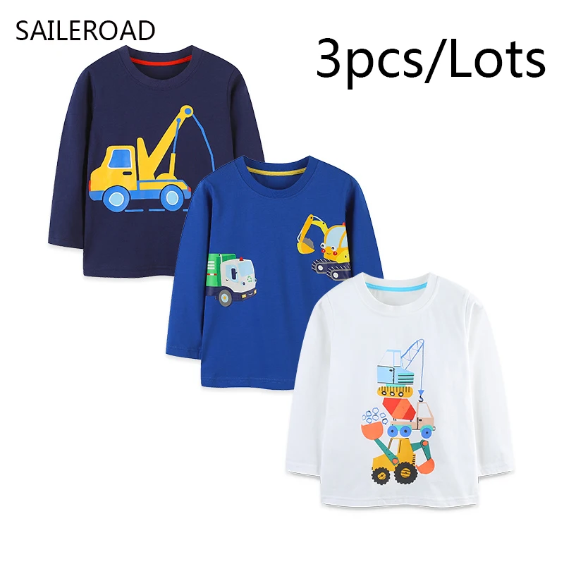 

SAILEROAD 3PCS Autumn Spring Baby Boys Tee Shirt Tops Kids Clothes Korean Children's Clothing Cotton Cartoon Excavator T-shirts