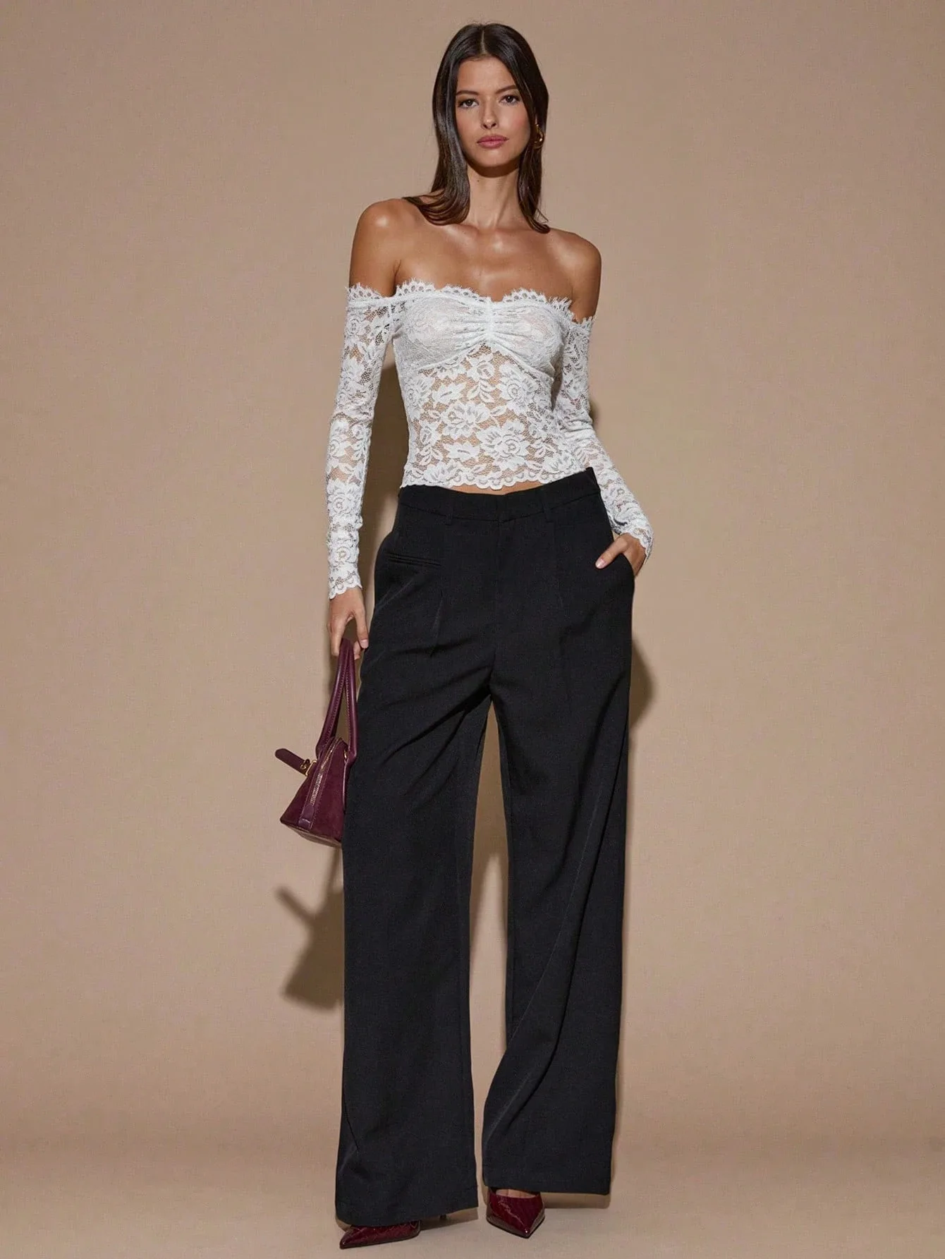 Women White Floral Lace Off Shoulder Top Long Sleeve Sheer Ruched Blouse Slim Fit Eyelash Crop Top Sexy Autumn Party Casual Wear