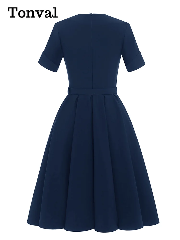 Tonval Square Neck Short Sleeve Solid Plain Vintage Pleated Dress Summer Elegant Women 2022 Belted Midi Length Retro Clothes