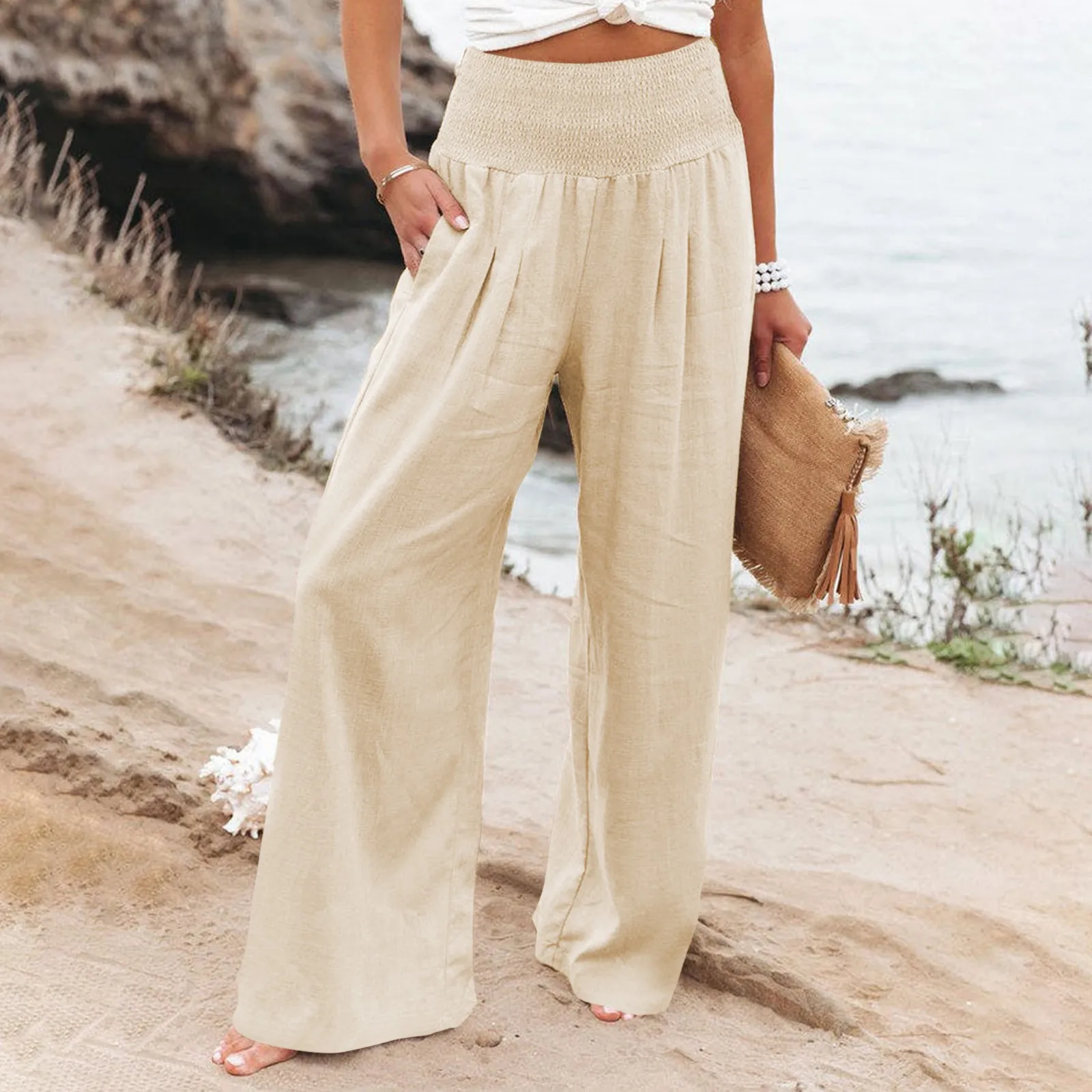 

Women's long pants solid color casual high waisted cotton linen wide leg long pants low waisted straight leg pants with pockets