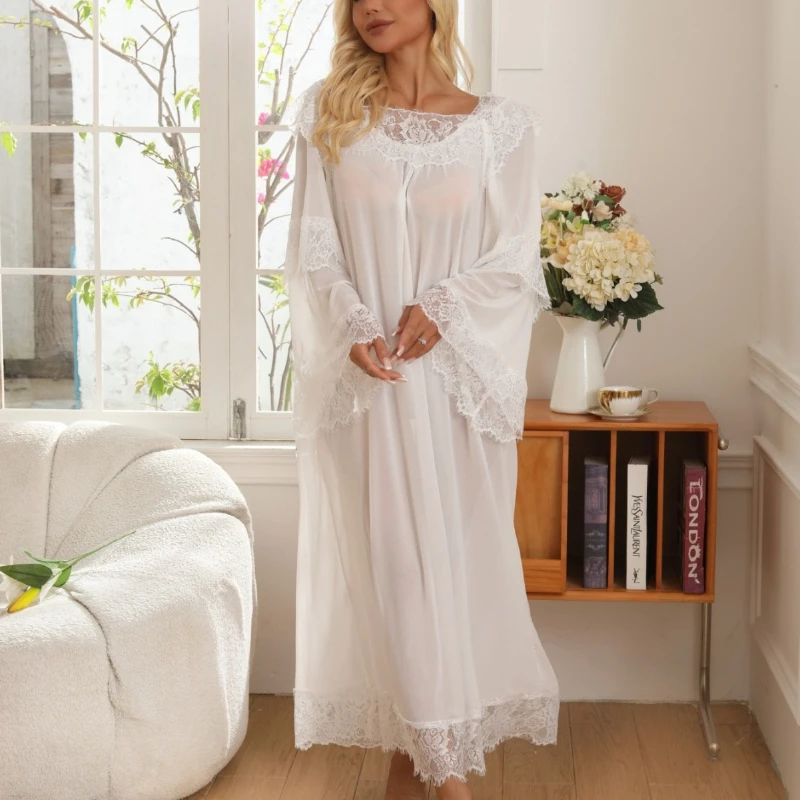 2026 New Summer Solid Color Square Collar Lace Splicing Micro Perspective Medium to Long Home Dress for Women