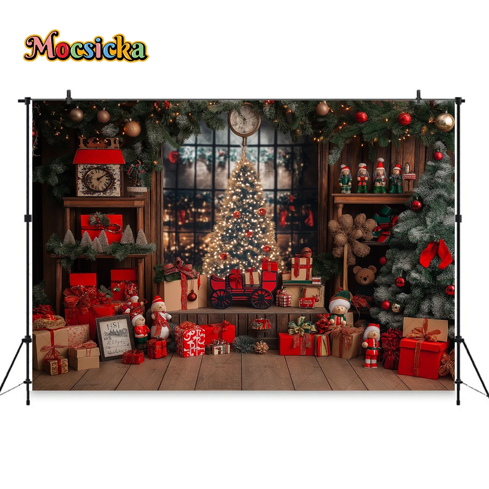 Santa Claus Workshop Background Photography Christmas Tree Gift Clock Wooden Window Backdrop Kids Winter Birthday Photo Studio