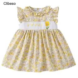 Clibeso Children Boutique Clothing Girl Dress Handmade Smocked Embroidered Cotton Short Sleeves Babi Baptismal Clothes Dresses