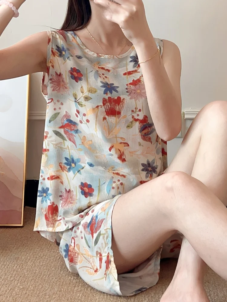 Summer Cotton Silk Loose Women's Vest Shorts Set Casual Artificial Cotton Nightgown Two-Piece Set Comfortable Home Clothes