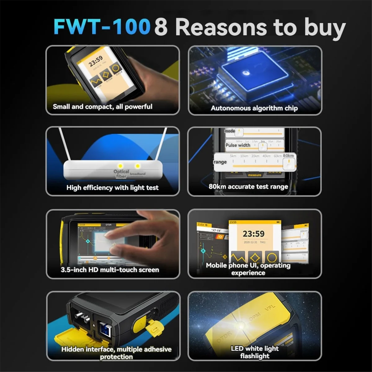 Retail! Mini OTDR Optic Otdr Optical Reflector Active Fiber Live Tester 1550nm 20dB 80km SC Fiber Reflectometer Touch Screen