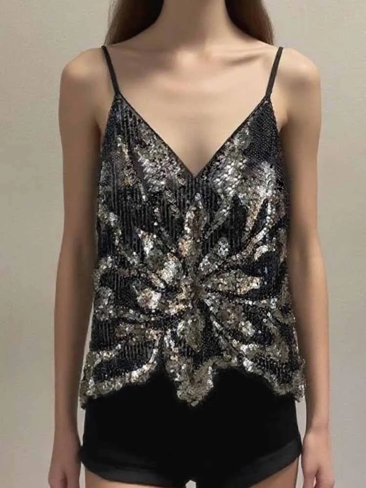 

BKQU Glitter Sequins Y2K Camisole Women Mesh Sexy V-Nech See Through Beaded Sling Vest 2025 Summer Chic Backless Party Tank Tops