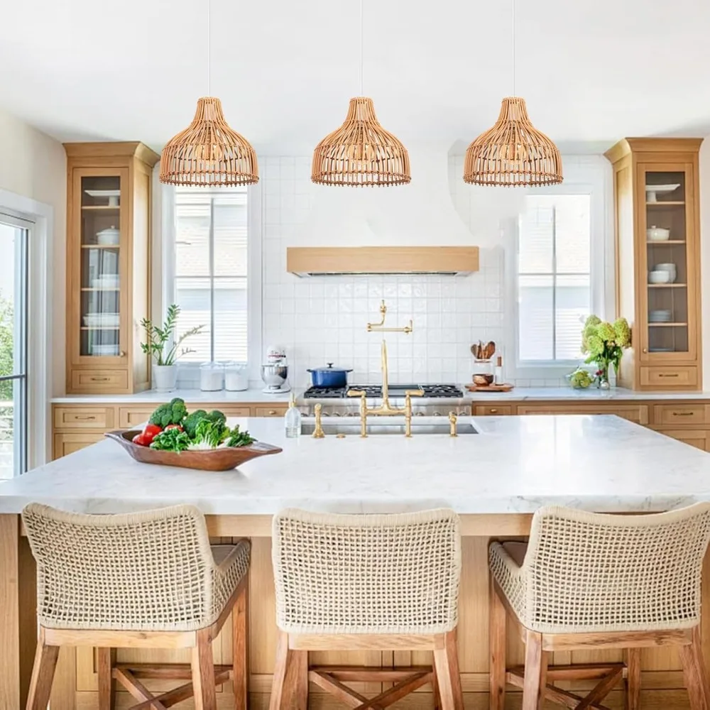 

24CM Rattan Pendant Light Modern Wicker Chandelier Hand Woven Hanging Ceiling Light Lampshade for Living Room Bedroom Kitchen