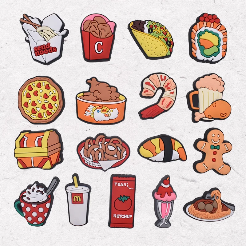 21PCSPVC Cartoon Shoe Charms Kawaii Food Pizza Ketchup Fried Chicken Beer Shrimp Coffee Buckle Clog Children Adorable Decoration