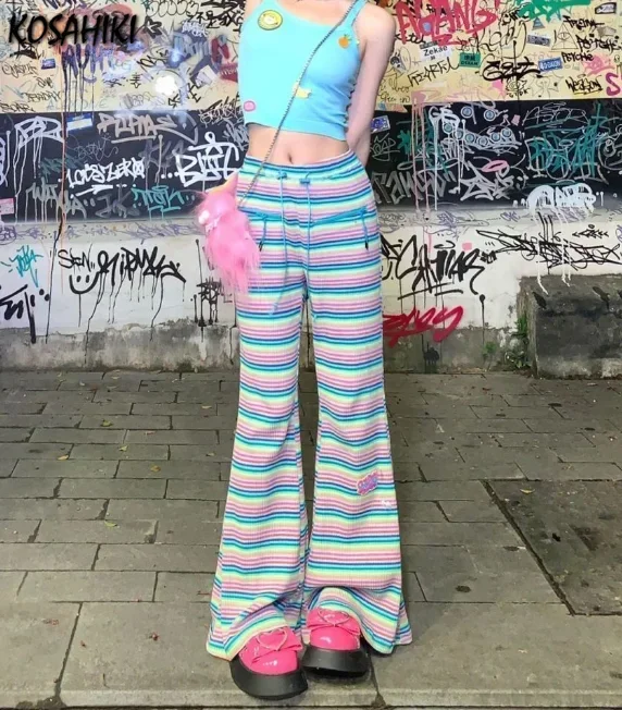 Japanese Sweet Rainbow Striped Fare Pants Women Summer Personality Contrast Color Trousers High Waist Drawstring Y2k Pantalones