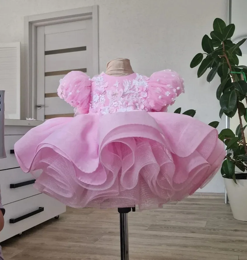 Vestidos de niña de flores rosas personalizados para boda, Apliques de encaje con cuentas, vestidos de fiesta de cumpleaños para niños de primera comunión