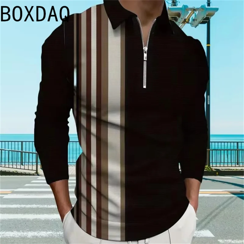 Men's Polo Shirt 3D Retro Striped Spliced Print Polos Shirt Business Casual Men Shirt Tops Long Sleeve Spring & Fall Polo Shirt