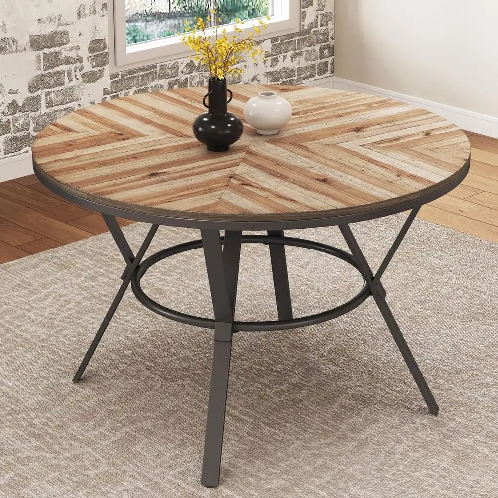 

Industrial Herringbone Wood Top Round Coffee Table - Metal Frame, Rustic Style for Home & Cafe