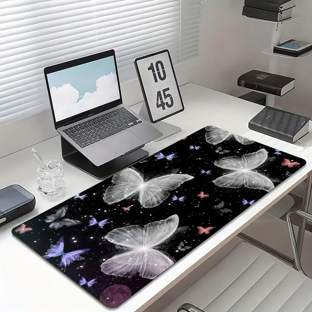 Glowing Butterfly Gaming Desk Mat Starry Galaxy Non‑Slip Rubber Stitched Mouse Pad For PC Laptop E‑Sport Gamers Office Desktop