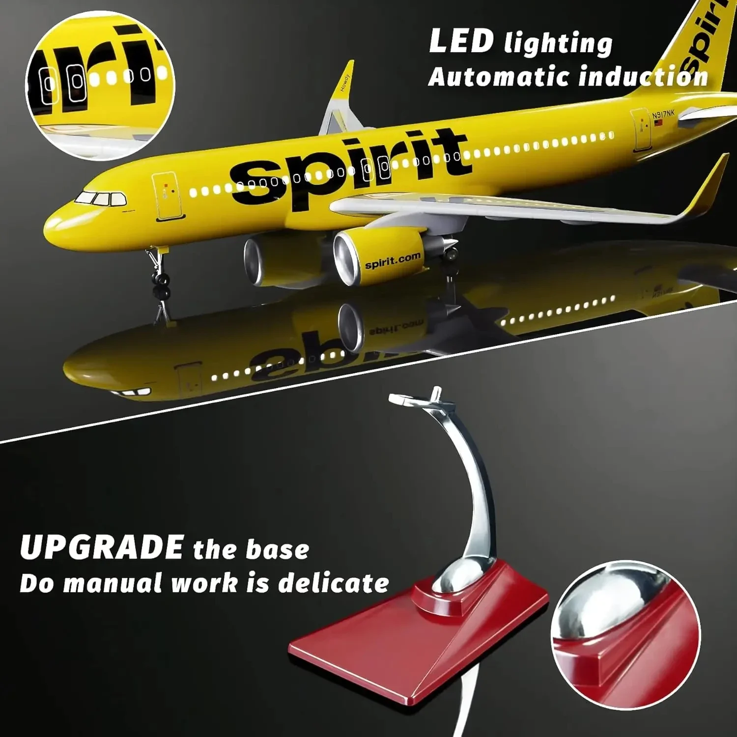 1:80 Scale Large Airplane Model Spirit Airlines Airbus 320 Plane Model Diecast Airplanes with LED Light for Collection or Gift