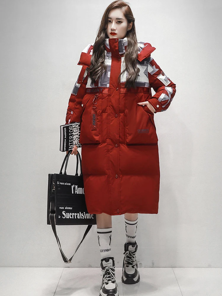 Winter Long Letter Print Hooded Parker Down Jacket Female Big Pocket Warm Knee Length Outwears Women White Duck Down Jacket Coat