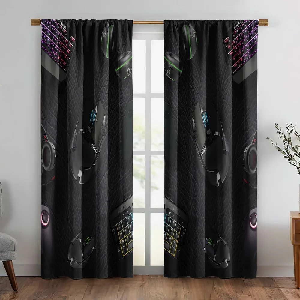 2pcs Gaming Print Curtains Keyboard Mouse Headset Pattern Polyester Window Drapes for Gamer Room Bedroom Tech Home Decor