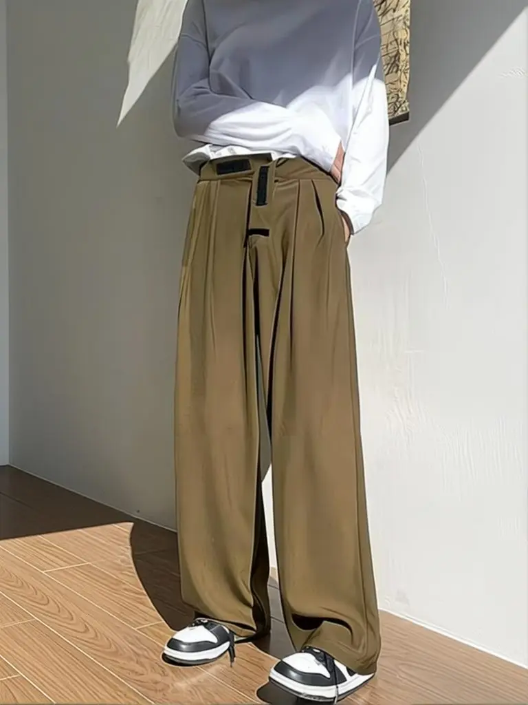 Men's Streetwear Brown Draped Suit Pants With Velcro Fashion Wide leg Oversize Pants Harajuku Long Straight Trousers