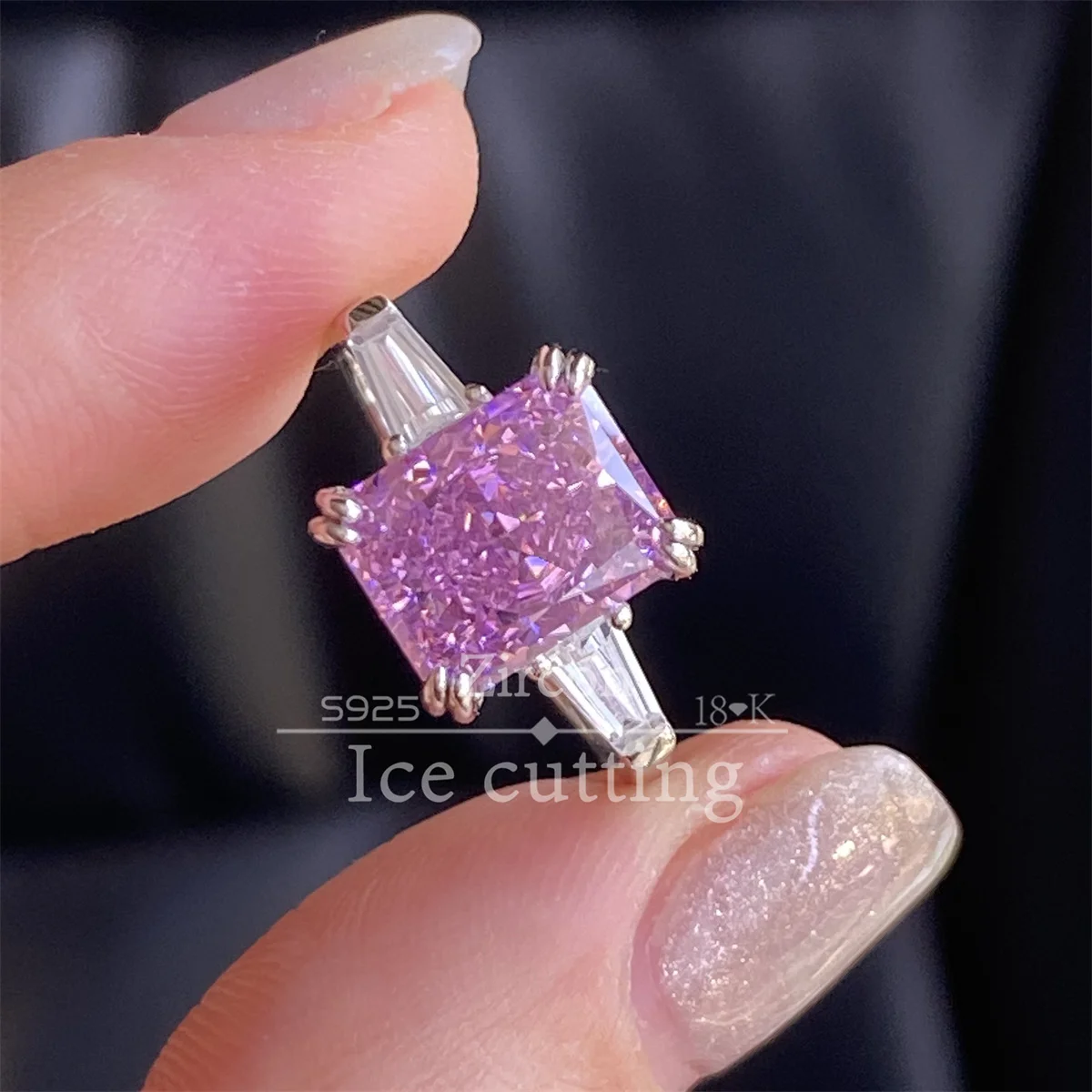 

S925 sterling silver explosion flash ice cutting rectangular purple zircon ring high carbon diamond fine jewelry for women gifts
