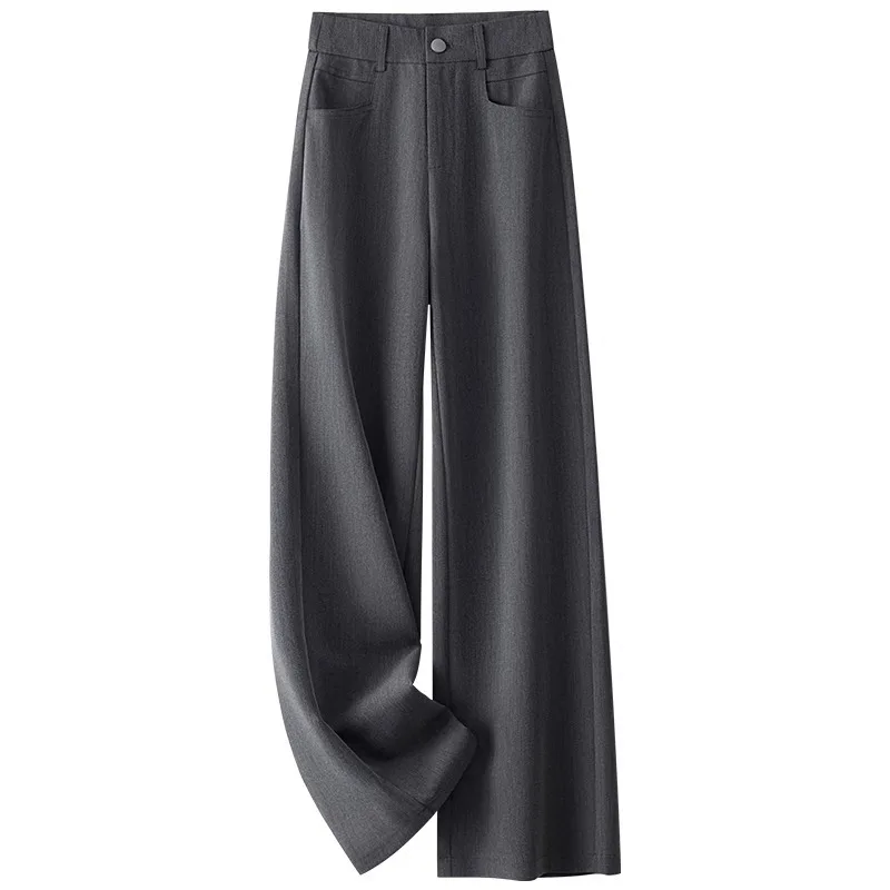 بنطال رمادي عالي الجودة واسع الساق للنساء، بدلة صيفية أنيقة للتخسيس، بدلة ثنيات كاجوال مستقيمة