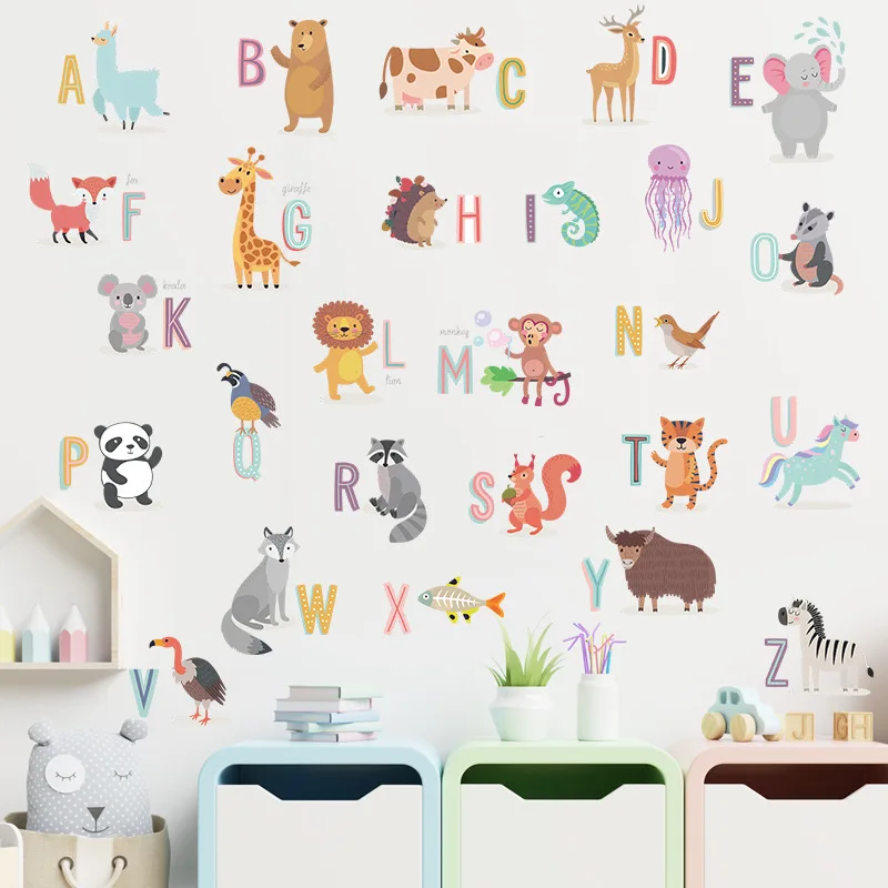 Cartoon Animals Letters Removable Wall Stickers Home Decor DIY Decals Mural for Nursery Kids Baby Room PVC Waterproof Poster Art