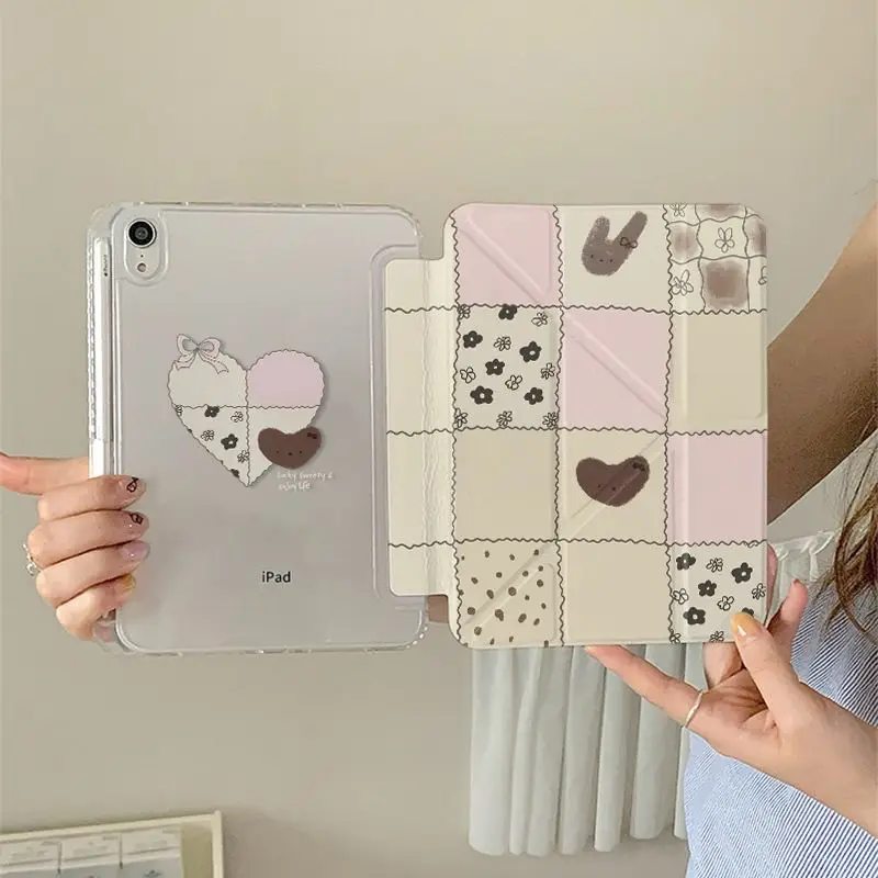 Niche Plaid Flowers iPad Case For iPad Pro 11 13in 2025 iPad Pro 12.9in Air7 10th 11th M4 M5 MINI Y-Shaped Folding TABLET Cover
