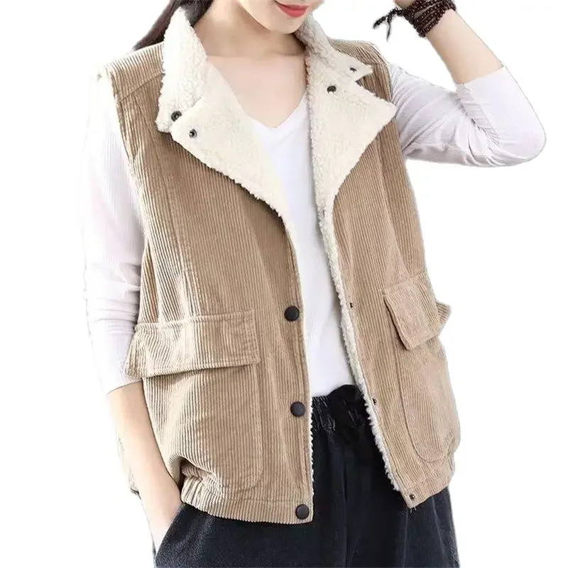 

Retro Corduroy Waistcoat Women Jacket Plus Velvet Thick Lamb Wool Sleeveless Coat Ladies Autumn Winter New Female Vest Tops